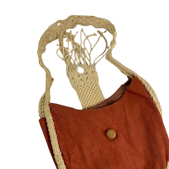 Vintage Boho Hippy Hemp Braided Hemp Wooden Button Flap Close Bag Purse Sack 70s - Picture 6 of 16